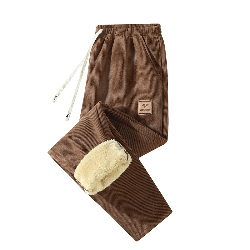 Corduroy Pant Warm - 冬用、暖かい、厚手のコーデュロイ素材、フリース裏地、ドローストリング付き、アウトドア用、防風、快適、ストレートレッグ、カジュアルパンツ（メンズ）