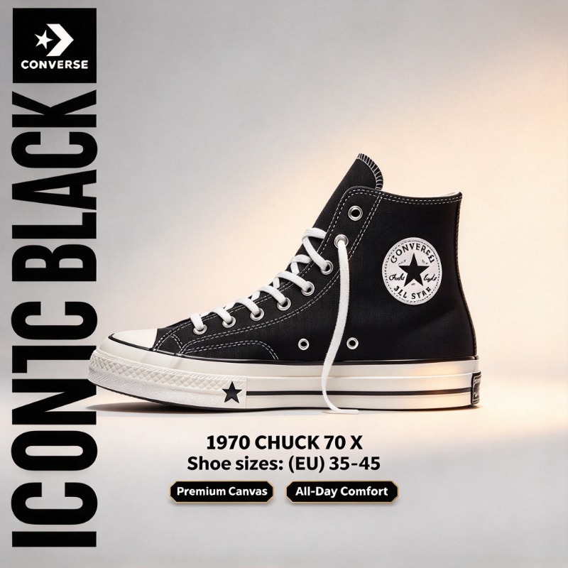 Converse Shoes Chuck 70 - コンバース 1970 CHUCK 70 X：快適で耐久性があり、軽量なハイカットキャンバススニーカー（男女兼用）、ブラック A24225C