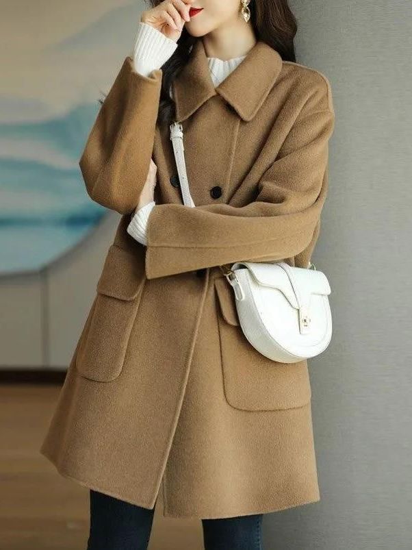 Wool Coat Peacoat - スタイリッシュなミドル丈ウールコート韓国風ハイウエストボタンディテール厚手冬用ジャケットプラスサイズ女性用エレガントな服装