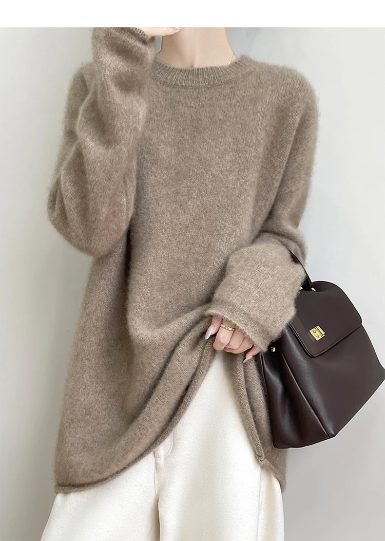 Wool Coat Peacoat - 女性のプラスサイズのカシミヤセーターラウンドネック肥厚 100% ソフトワックス状ニットルーズレイジーフィット秋冬ボトミングコート
