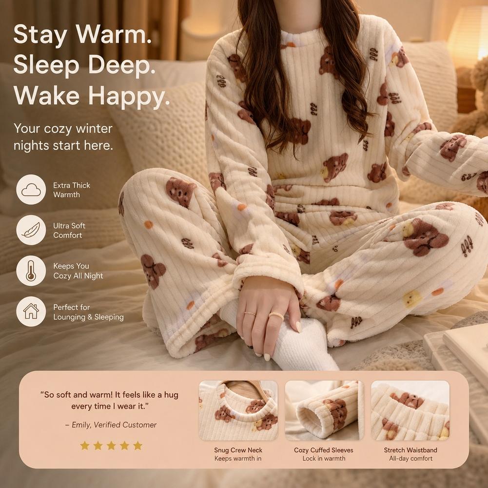 Corduroy Pant Warm - レディース パジャマ コーラルフリース素材のクマ柄パジャマセット 冬用 あたたか素材 厚手のフランネル素材