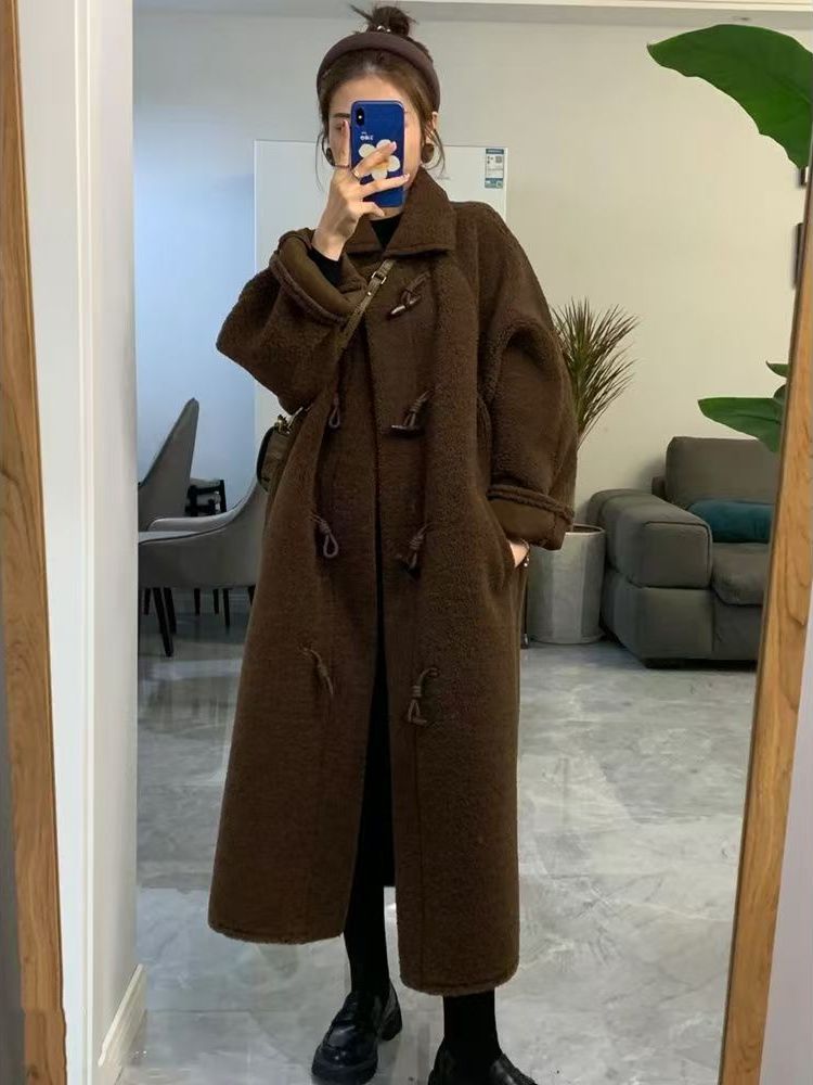 Wool Coat Peacoat - ラムファーロング厚手冬用コート女性用プラスサイズワンピースベルベットハイウエスト韓国スタイル通勤カジュアルジャケット