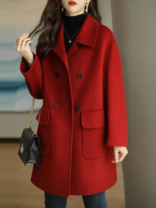 スタイリッシュなミドル丈ウールコート韓国風ハイウエストボタン - Wool Coat Peacoat のレビューと価格