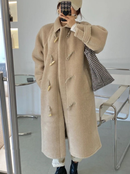 ラムファーロング厚手冬用コート女性用プラスサイズワンピースベ - Wool Coat Peacoat のレビューと価格