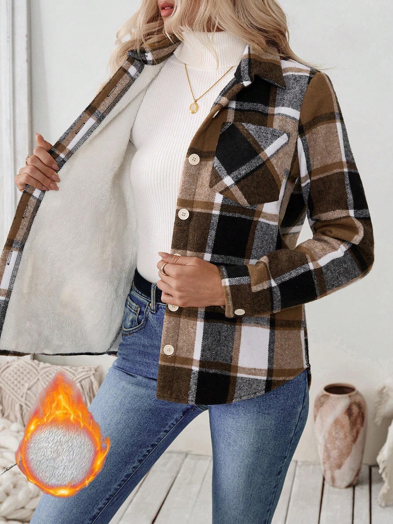 女性用、裏起毛のチェック柄シャツジャケット、ゆったりとしたシ - Flannel Shirt Lined のレビューと価格