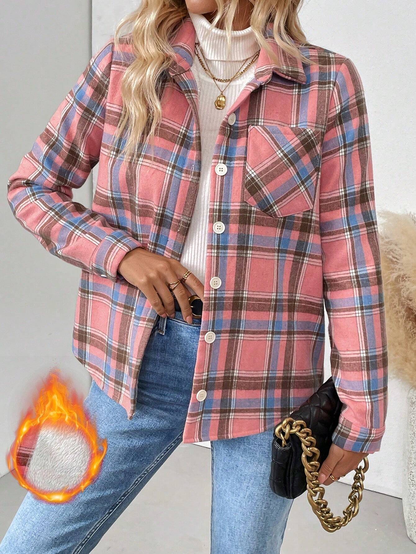女性用、裏起毛のチェック柄シャツジャケット、ゆったりとしたシ - Flannel Shirt Lined のレビューと価格